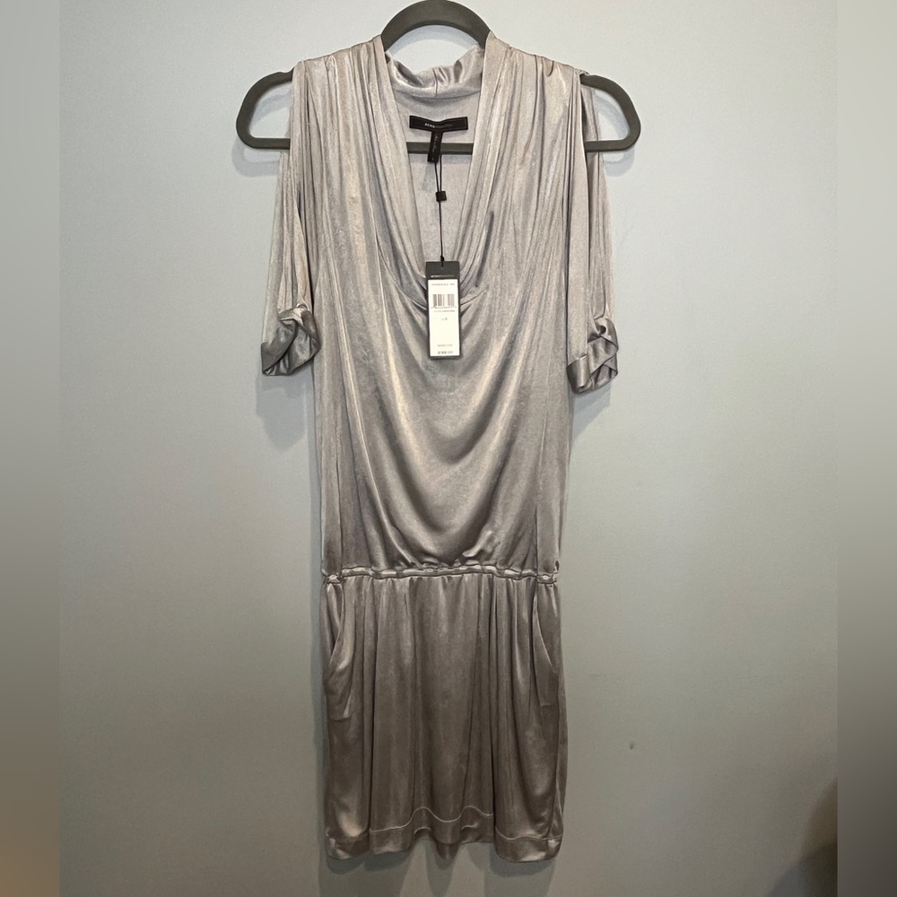 NWT BCBGMaxAzria Shimmering Silver Dress w/ Cutout Shoulders - Women’s SM